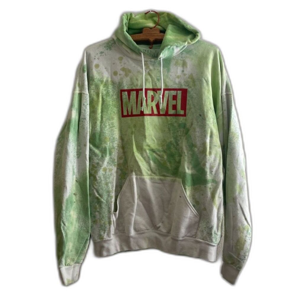 Vintage MARVEL Tie dye Hoodie Sweatshirt Size XL White Green Mens Distressed